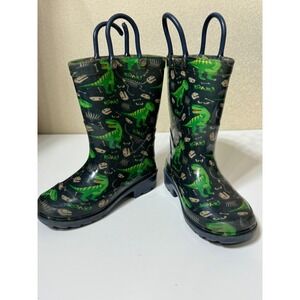 Toddler Boys Rain Boots Size 7  Blue Green Dinosaur Skeleton Rubber Waterproof